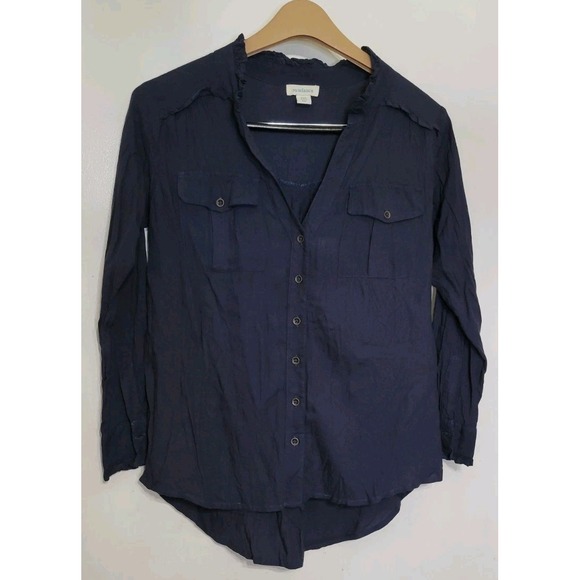 Sundance Tops - Sundance Navy Blue Button Up Ruffle Blouse Womens PXS Long Sleeve Viscose Top